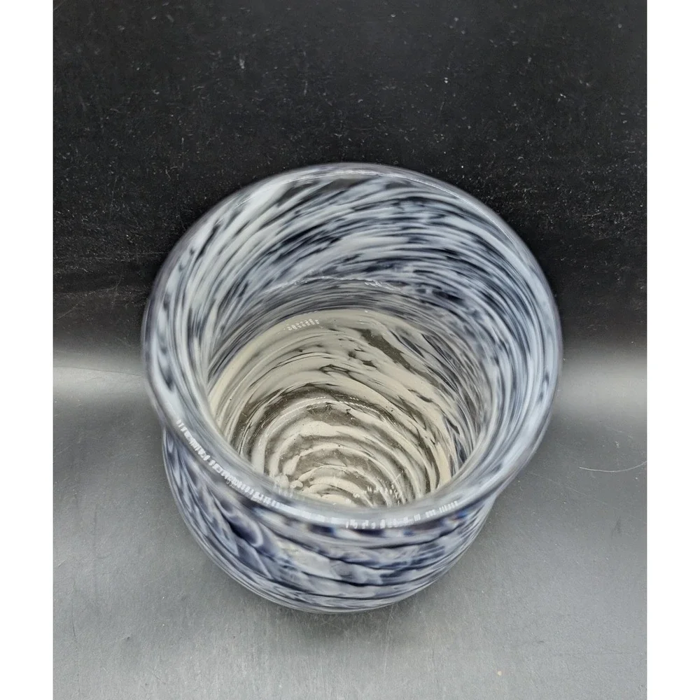Hand Blown Art Glass Vase Navy Blue White Swirl Marbled Coastal Contemporary